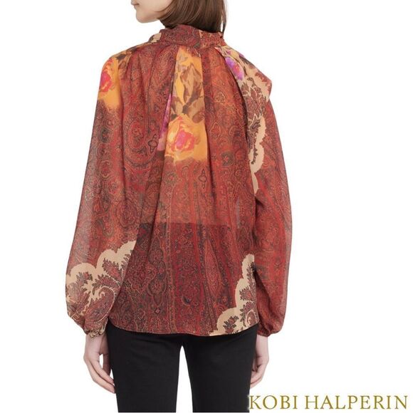 KOBI HALPERIN **NWT** Cleo Paisley-Print Blouson-Sleeve Blouse in Papaya Multi - Picture 10 of 15